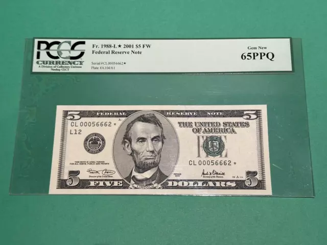 $5 2001 * FRN *Star* Note Bright Fresh Gem New Fr. 1988-L * PCGS 65PPQ  San Fran