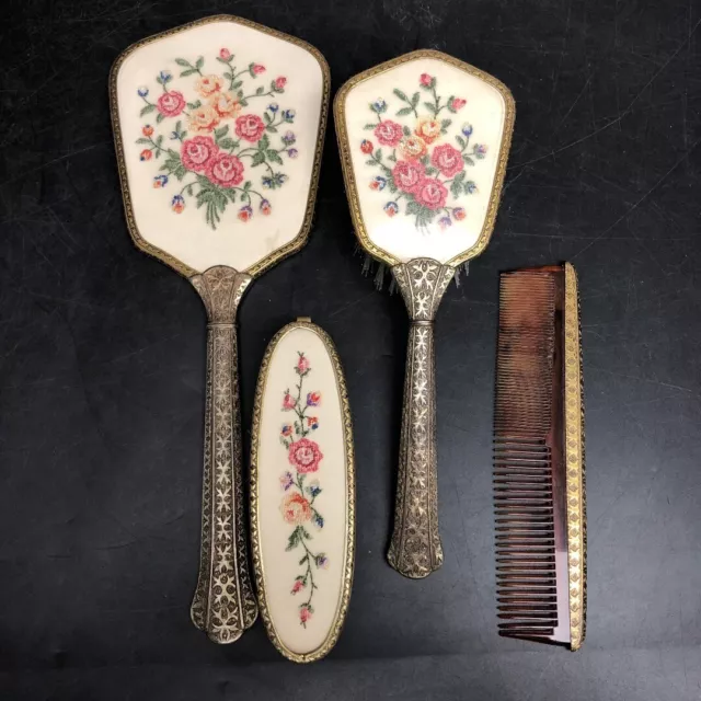 Embroidered Back Dressing Table Vanity Set 4 Pcs Comb Mirror Brushes Floral -CP