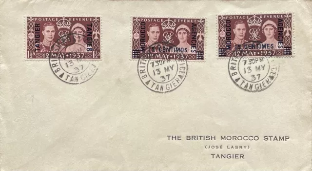 MOROCCAN AGENCIES KGVI 1937 CORONATION FDC 3 X 1&1/2d HIGH C.V £++