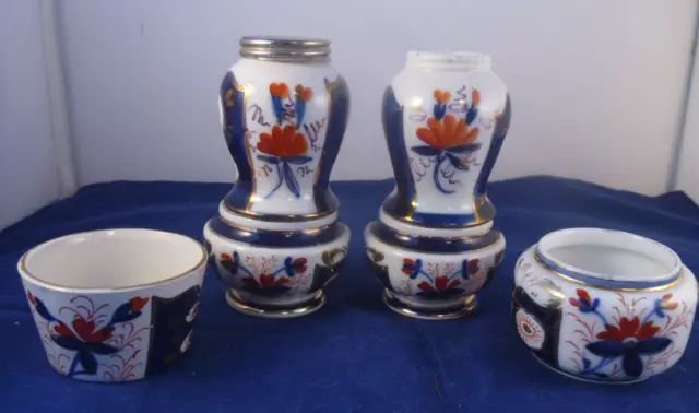 Antique Gaudy Welsh Condiment Set.4 Piece Hand Painted Cruet Set.Blue & Red Pots