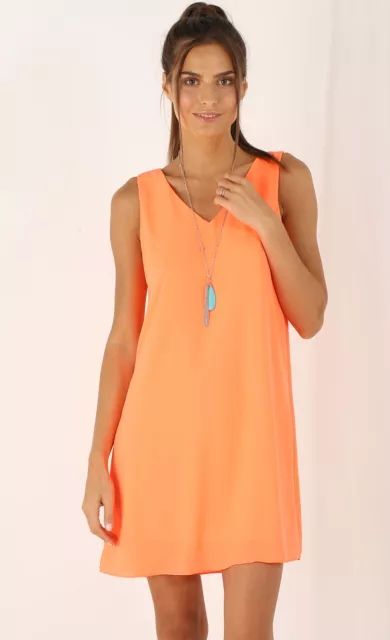 V Neck Lined Chiffon Shift Dress S 810 Neon Orange Bright Party Club Work Career