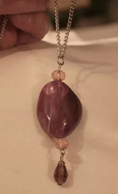 Handsome Purple & Amber Marbly Acrylic "Stone" Teardrop Dangle Pendant Necklace