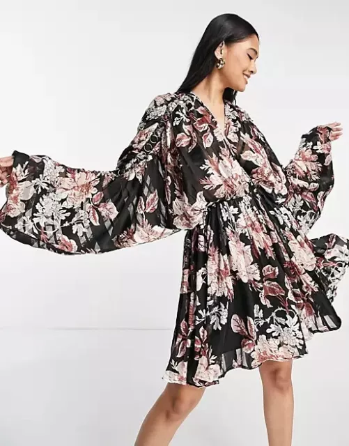 ASOS Design Blouson Mini Dress Women's 14 Black Floral Print  Kimono Sleeve