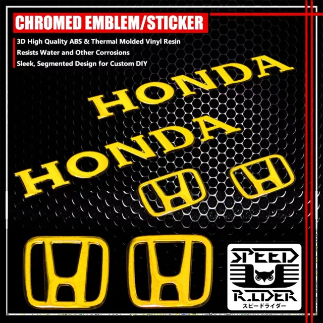 2"X5.75"X1" 3D Abs Logo Emblem Decal+Letter Glossy Sticker Honda Chromed Gold