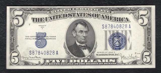1934-D $5 Five Dollars Silver Certificate Currency Note Choice Uncirculated (E)