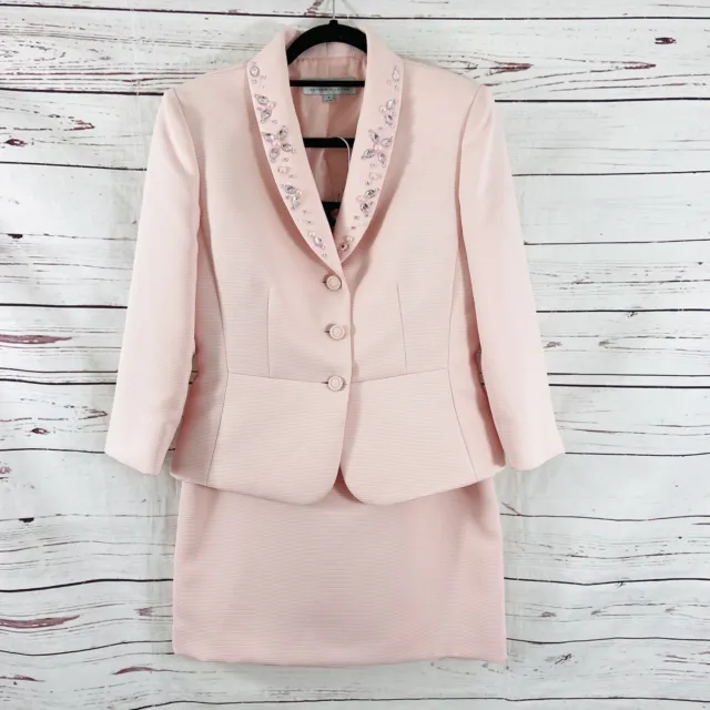 Tahari Asl 2PC Skirt Suit Women’s 8 Pink Blazer Button Beaded Twill Rhinestone