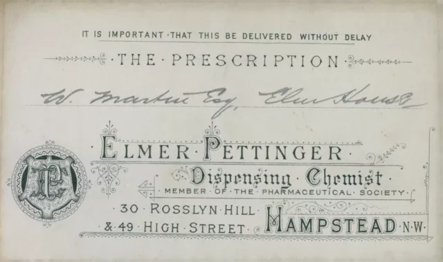 Antique Prescription Envelope Elmer Pettinger chemist Hampstead