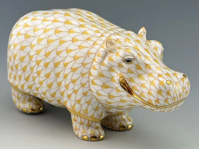 🦋 BRAND NEW HEREND Smiling Hippopotamus / Hippo Butterscotch Fishnet Figurine