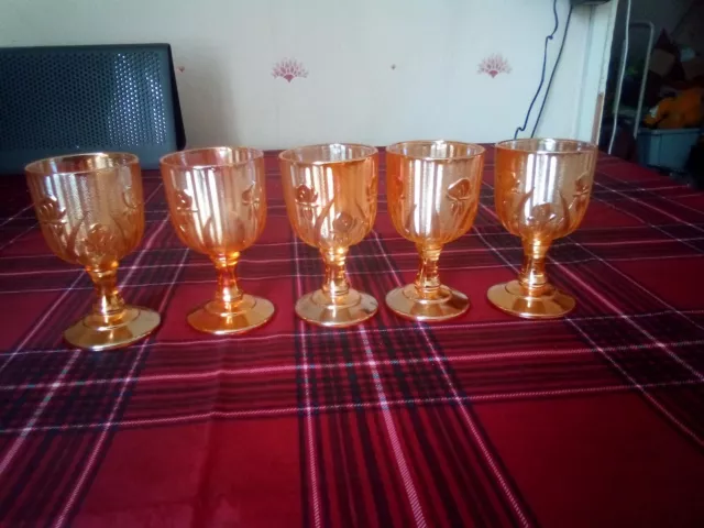 5 X Vintage Jeannette Iris & Herringbone Marigold Carnival Glass Wine Glasses