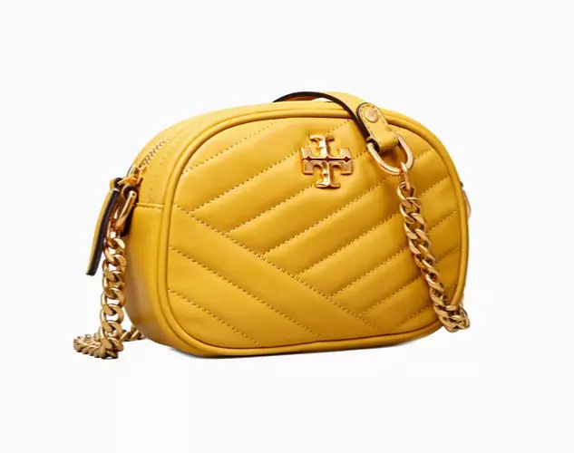 AUTH NWT $398 Tory Burch Kira Chevron Small Leather Camera Bag In Golden Sunset