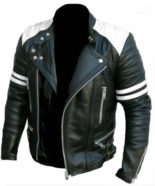 Mens Real Leather Jacket Biker Black White Vintage Retro Cafe Racer Motorcycle