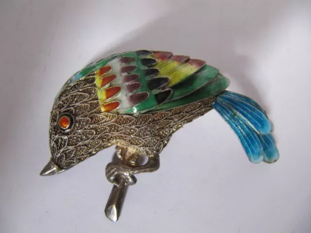 Vintage silver filigree enamel bird brooch pin. Chinese Export.