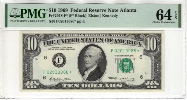 1969 $10 Federal Reserve Star Note Atlanta Fr.2018-F* Pmg Choice Unc 64 Epq
