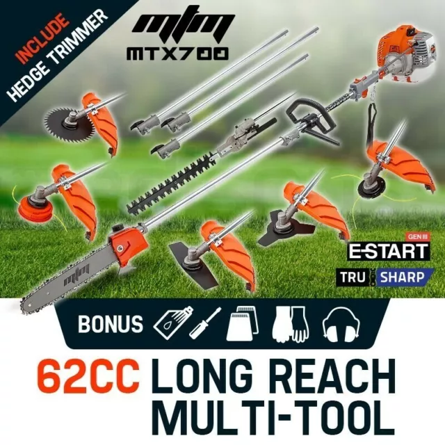 MTM 62CC Pole Chainsaw Brush Cutter Whipper Snipper Hedge Trimmer Saw Multi Tool