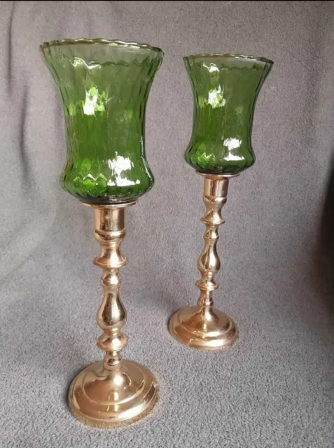 Vintage Pair Of Solid Lacquered Brass Candleholders W/Green Waterfall Votives!