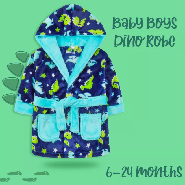 Baby Boys Dino Dressing Gown Hooded Robe Dinosaur Print 6-12 12-18 18-24 Months
