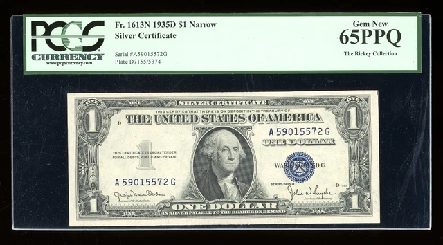 DBR 1935-D $1 Silver Gem Fr. 1613N Narrow AG Block PCGS 65 PPQ Serial A59015572G