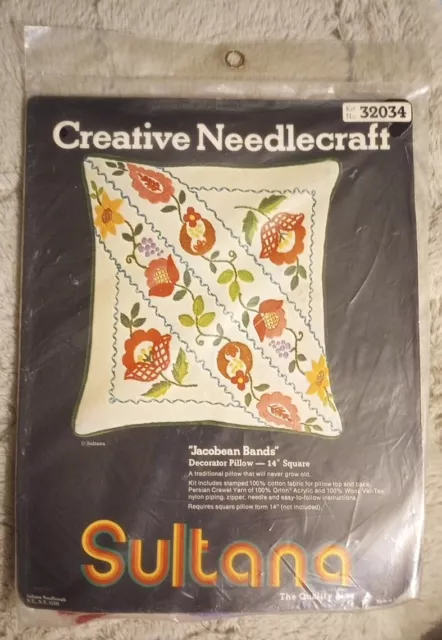 Sultana Creative Needlecraft "Jacobean Bands" Flowers Crewel Pillow Kit