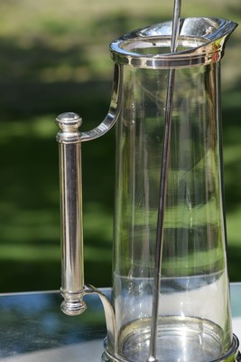 Vintage Godinger Silver Plate and Drinking glass Cocktail Pitcher & Stirrer, 1970's six