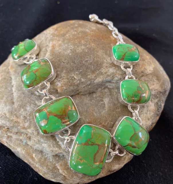 Green Mohave Turquoise Navajo Sterling Silver Link Bracelet 8.5 662