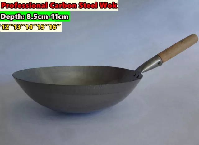 HongKong Handmade Heavy Duty Carbon Steel Round Base Wok Wooden Handle Stir Fry