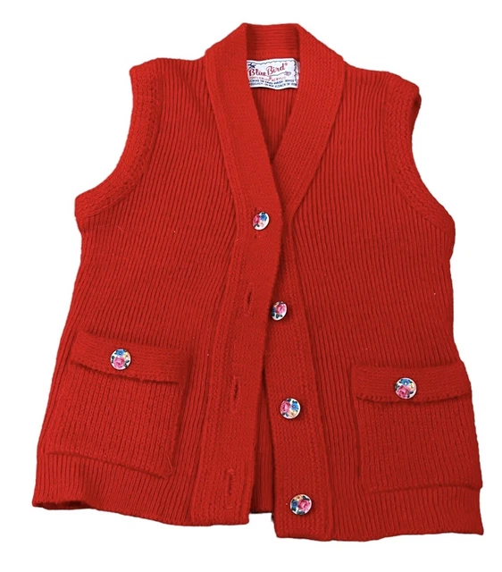 Vintage Children's Sweater Cardigan Sleeveless Vest Red Blue Bird Floral Buttons