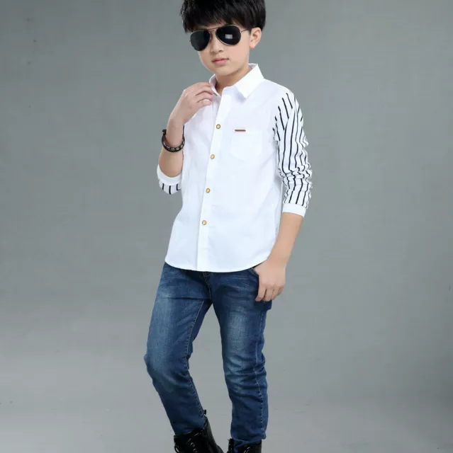 Teen Boys School Long Sleeve Stripe Fastener Gentleman Shirt Tops Shirts Blouse 2