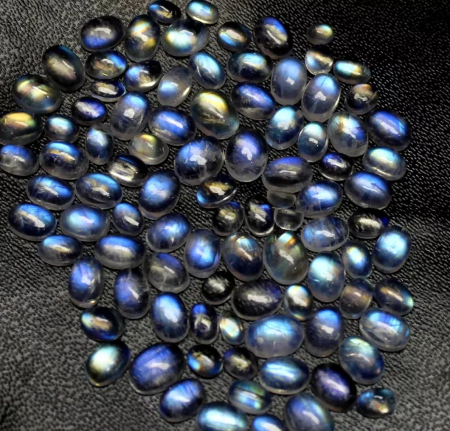 Finest Deep Blue Flash Rainbow Moonstone Oval Cabs 4x3mm to 6x8mm Wholesale Lot