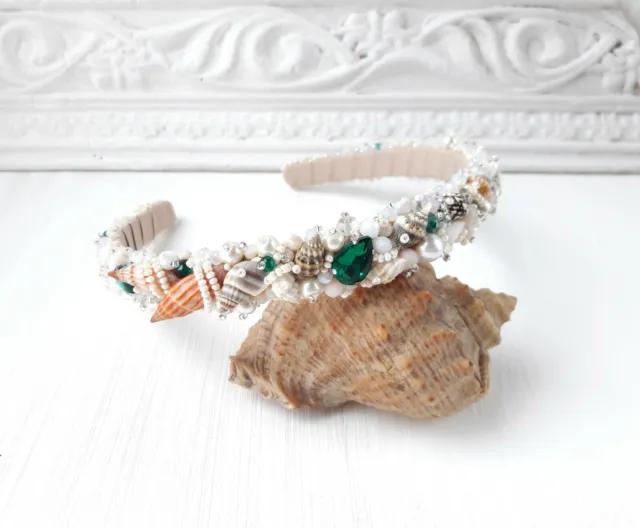 Mermaid headband Pearl shell crown Emerald headband seashell tiara Prom headband