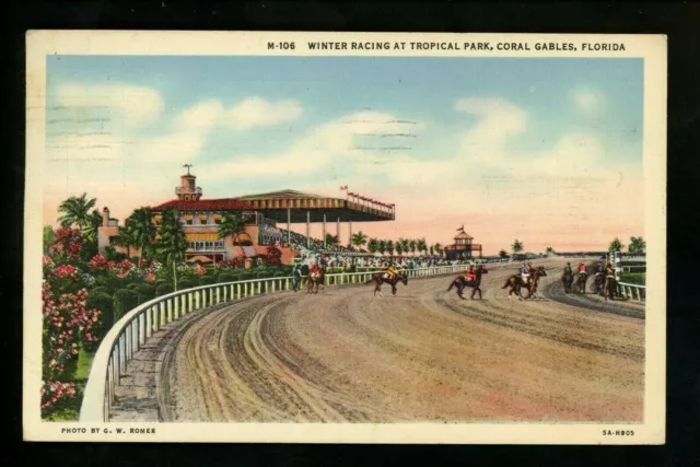 Horse Racing postcard Race Track Tropical Park Coral Gables, Florida FL linen