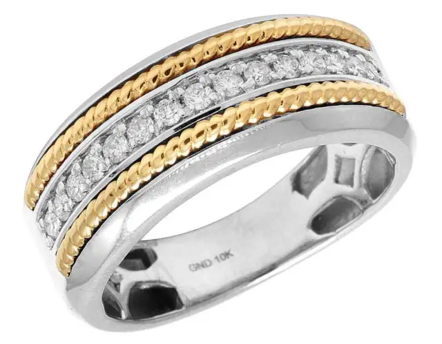 Mens 10K White Gold One Row Genuine Diamond Yellow Gold Rope Band Ring .33ct 9mm
