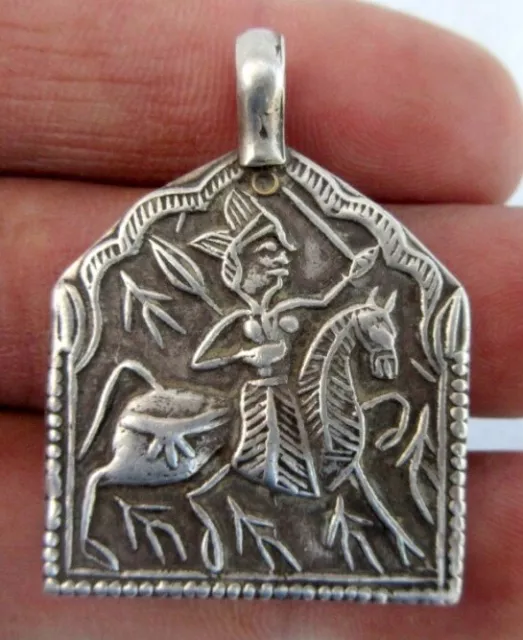 Antique Old Rare Silver Holy Worship Hindu God On Horse Figure Amulet Pendent