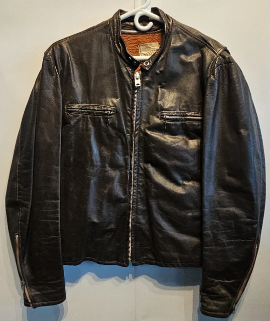 Vtg Cafe Racer Leather Motorcycle Jacket Brown Talon Zippers Mens 42 50s 60s
