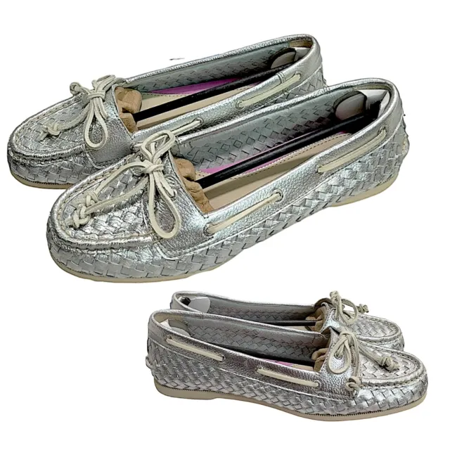 SPERRY Top-Sider Casual Boat Shoes Women's Size 8.M Silver Woven Leather Lace Up