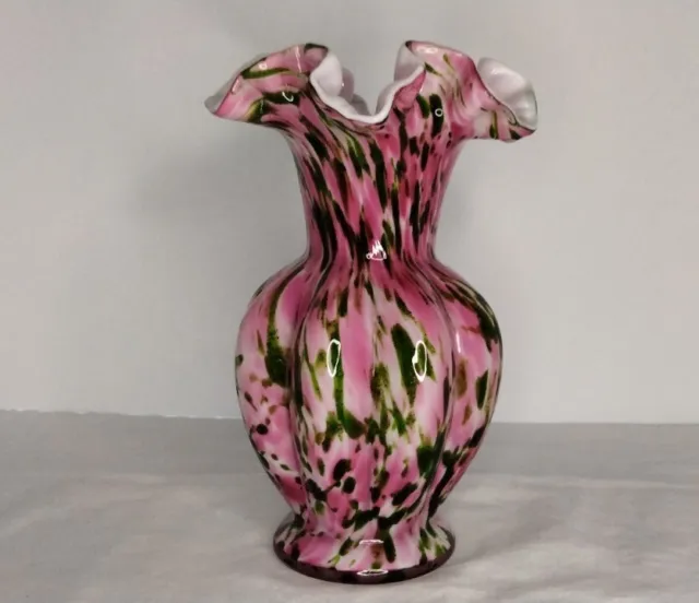 Fenton Adventurine Green Ruffled Vase Glass Vasa Murrhina Rose Pink 7.5"