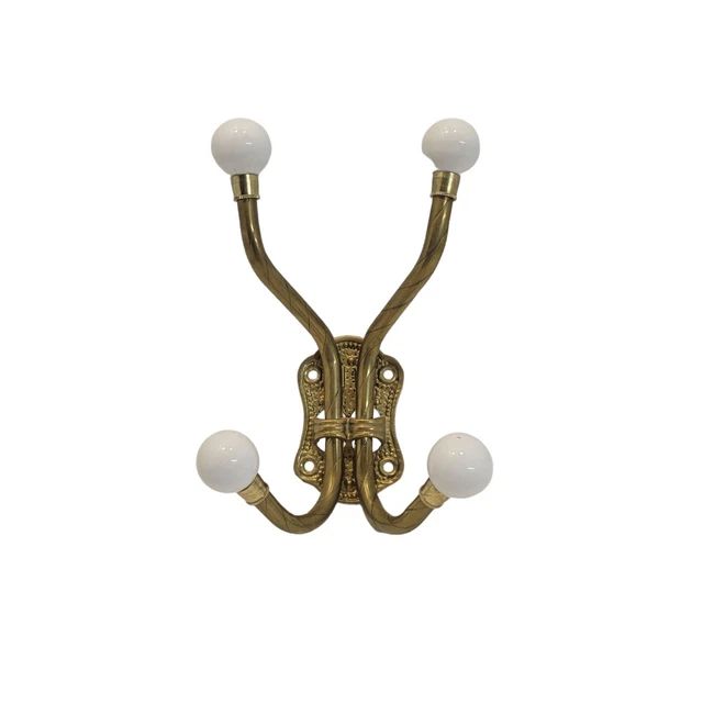Vintage Brass Quad Hook Porcelain Balls Wall Mounted Coat Hat Hooks