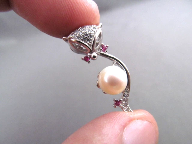 Vintage Sterling Cz Rhinestone Pearl Red Ruby Fox Face Slider Pendant