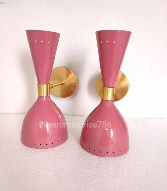 Mid Century 50's Brass Italian pink Diabolo Wall Sconce Light Fixture Lamp SC 3