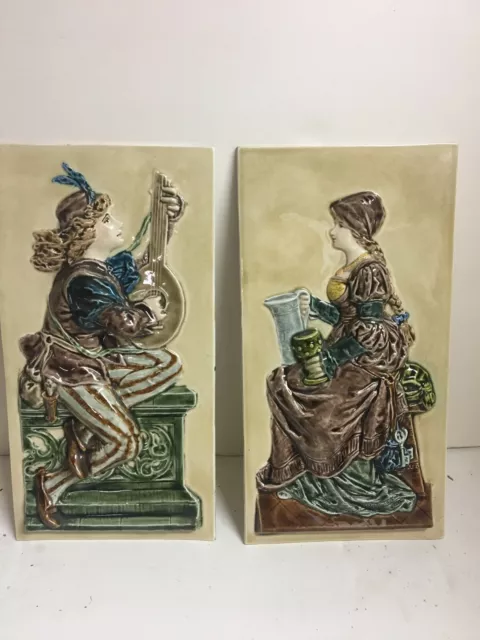 Antique Pair Majolica German French Italian Plaques Tiles  Male Female