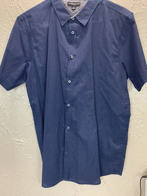 LONDON FOG Navy Blue Polka Dot Short Sleeve Button Shirt Men’s  Size Large