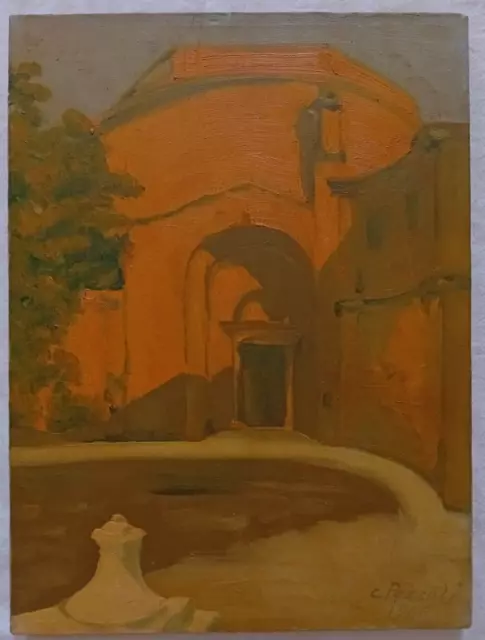 Cesare Pezzali Dipinto Scorcio di chiesa 1966 Quadro Olio su tela 40x30 cm