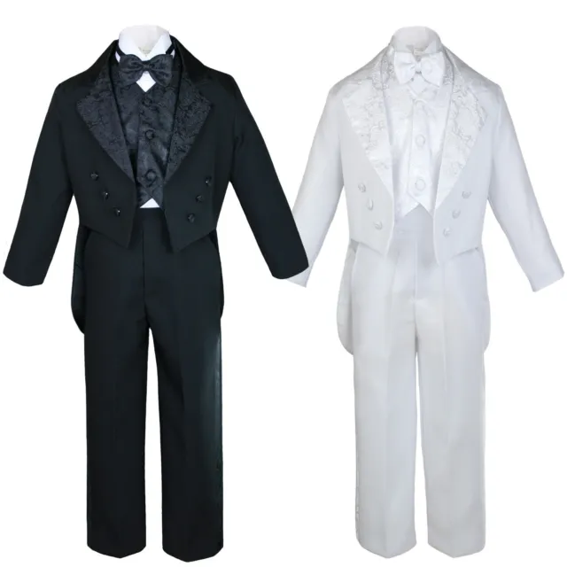 L Infant Toddler Boy Wedding Easter Formal Paisley Tail Tuxedo Suit White Black