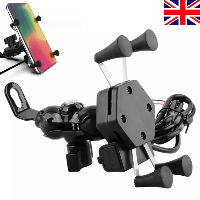 Universal Motorcycle Mobile Phone Holder Motorbike X Grip Clamp Mount USB Charge