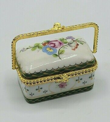 White Porcelain Trinket box with Flowers and Green and Gold Trim & Gold handle