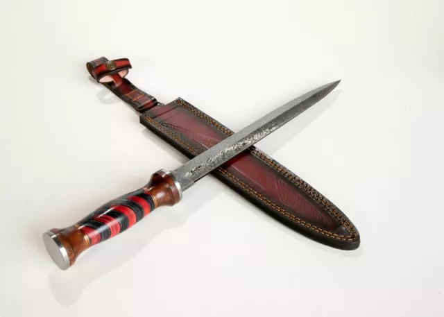 Medieval 266 Layer 56 HRC 18” Damascus Dagger SHARP Red/Black Wood Handle Superb