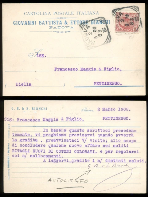 PADOVA 1908-CARTOLINA PUBBLICITARIA AUTOGRAFA-Ditta G.BATTISTA & E.BIANCHI