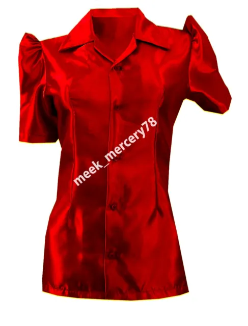 Femme Satin Rouge Col Bouton Décontracté Extensible Button Down Shirt S80