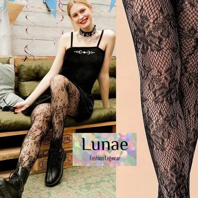 fishnet tights floral NEW ROSE lace pattern black 8/10/12/14 LUNAE