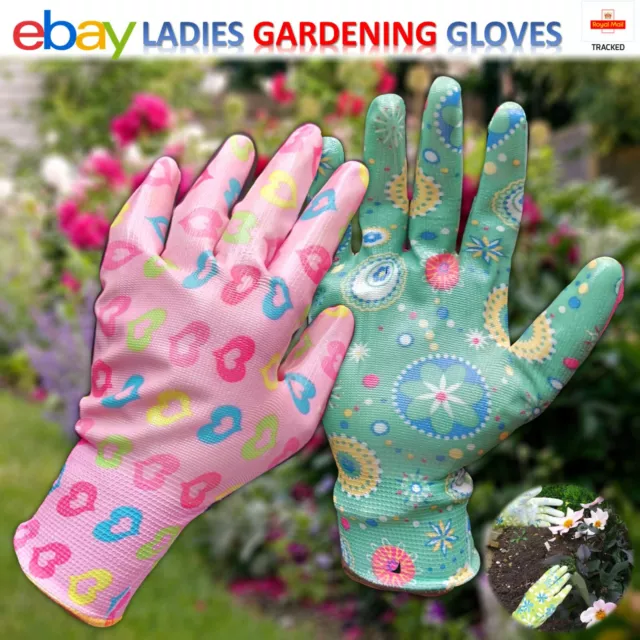 Ladies Gardening Gloves Strong Floral Design Ladies Nitrile Heavy Duty M/L/XL