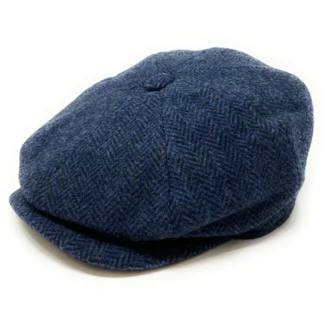 Harris Tweed 8 Piece Newsboy Cap - Blue Herringbone Tweed Gatsby Bakerboy Cap